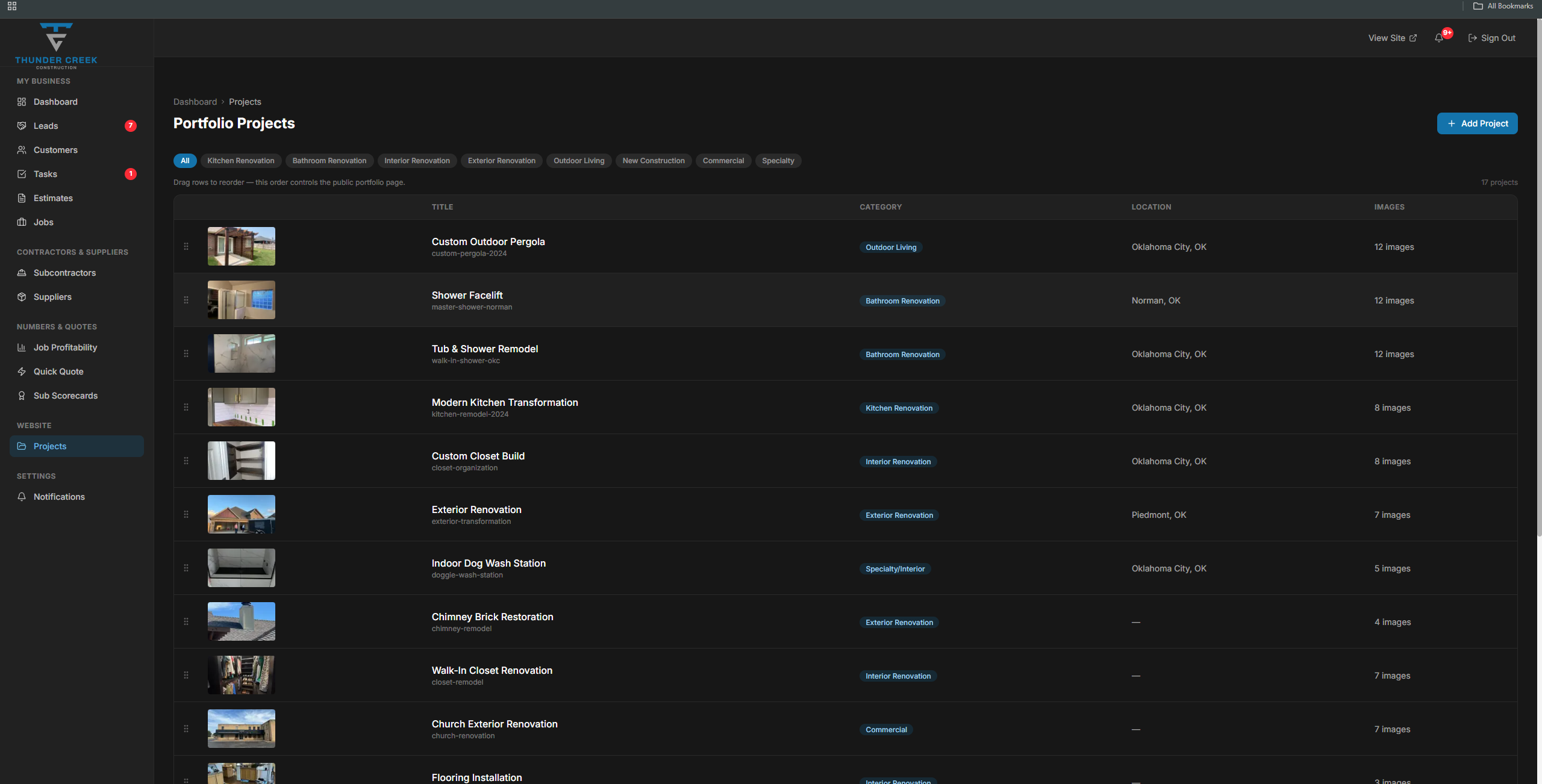 Thunder Creek Construction content management — portfolio management system with drag-to-reorder project galleries